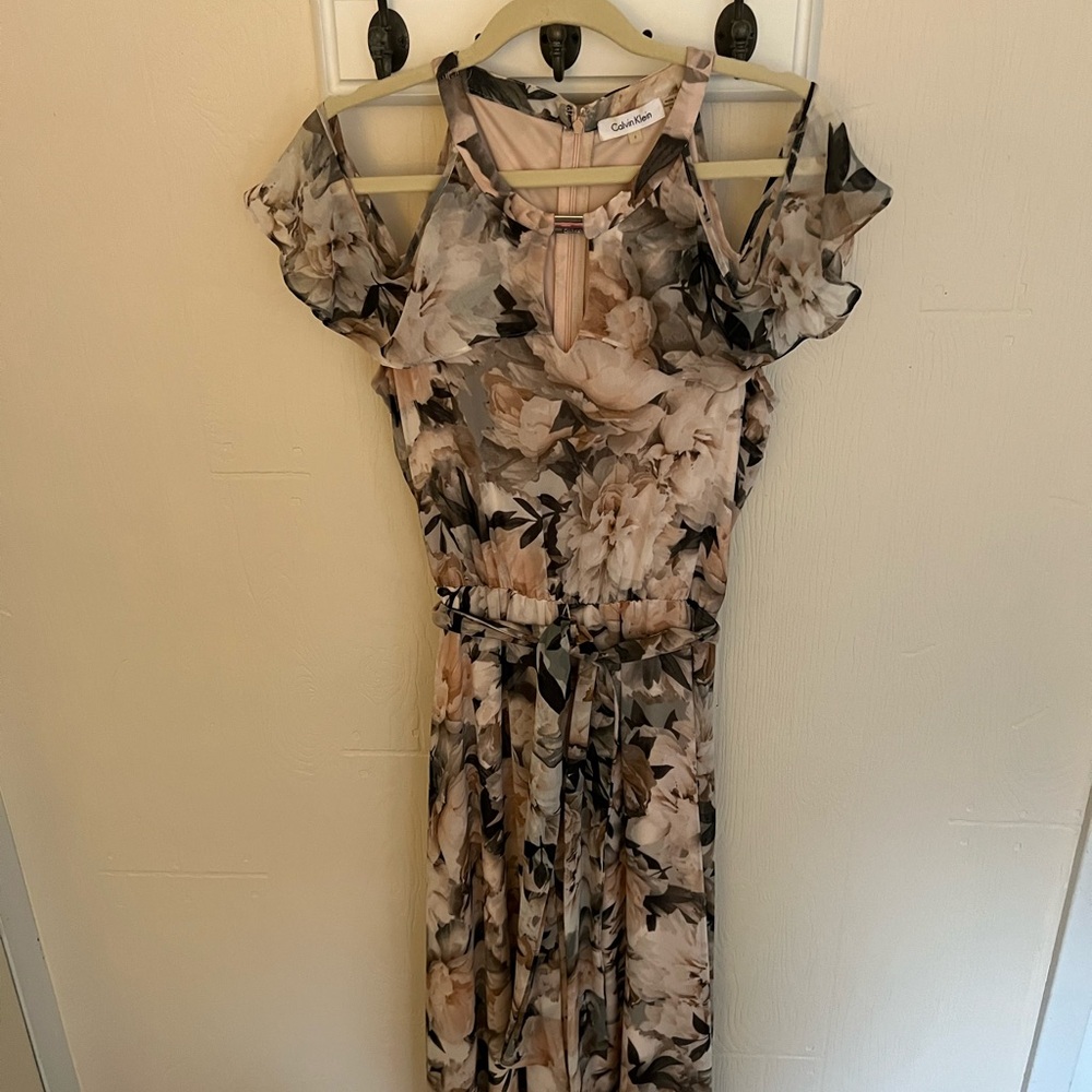 Calvin Klein Beige and Black Floral Cold-Shoulder Maxi Dress